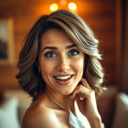 A stunning 40-year-old woman, directly facing the camera, showcasing an expression of delightful surprise with her eyes wide open and sparkling