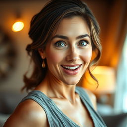 A stunning 40-year-old woman, directly facing the camera, showcasing an expression of delightful surprise with her eyes wide open and sparkling