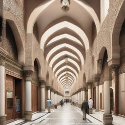 An architectural design of a traditional souq with a central axis, featuring ornate archways, intricate mosaics, and bustling stalls.