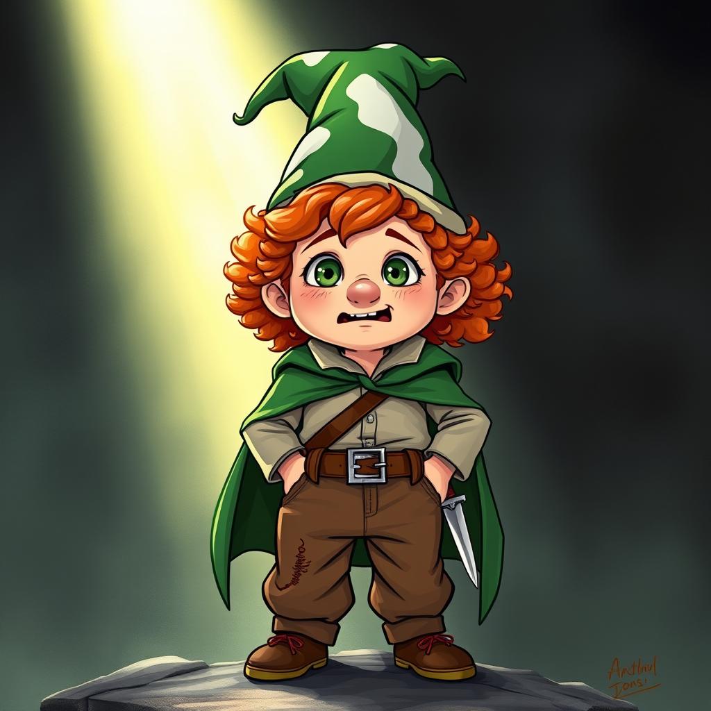 A chubby 13-year-old boy with curly red hair, freckles, green eyes, and a prominent big nose, exhibiting a blend of fear and excitement on his face