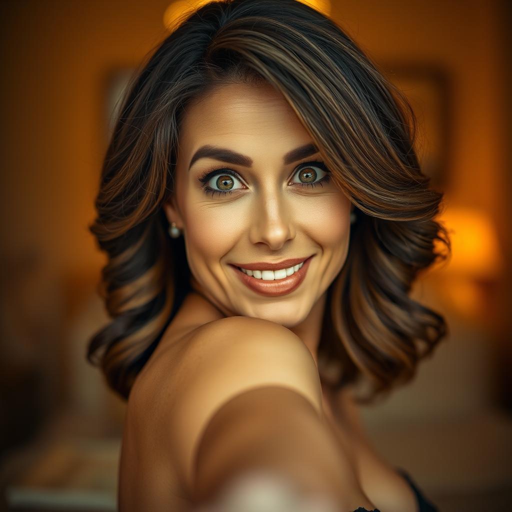 A gorgeous 40-year-old woman facing the camera, expressing a delightful surprise with wide, sparkling eyes