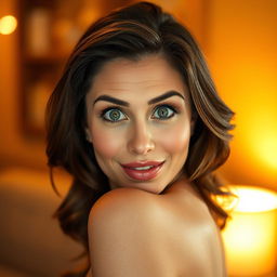 A gorgeous 40-year-old woman facing the camera, expressing a delightful surprise with wide, sparkling eyes