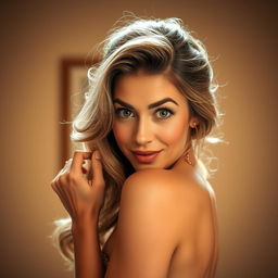 A gorgeous 40-year-old woman facing the camera, expressing a delightful surprise with wide, sparkling eyes