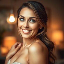 A gorgeous 40-year-old woman facing the camera, expressing a delightful surprise with wide, sparkling eyes