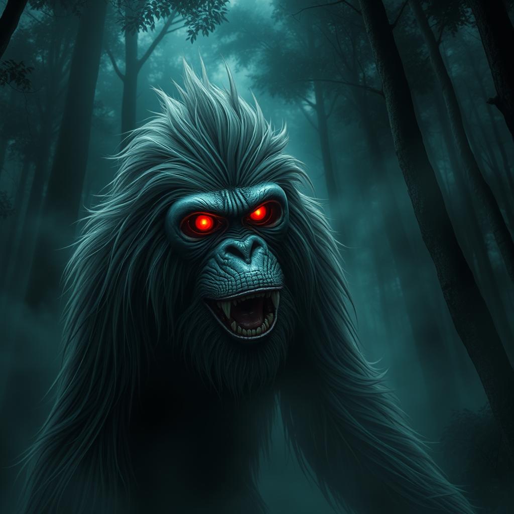 A ghost resembling an orangutan, with long fur and a terrifying face, featuring glowing red eyes, inspired by Javanese Indonesian folklore