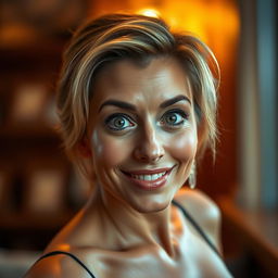 A beautiful 40-year-old woman, directly facing the camera, with an expression of delightful surprise reflected on her face