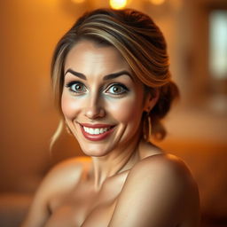 A beautiful 40-year-old woman, directly facing the camera, with an expression of delightful surprise reflected on her face