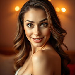 A beautiful 40-year-old woman, directly facing the camera, with an expression of delightful surprise reflected on her face