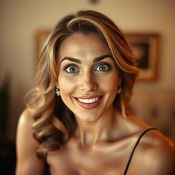 A beautiful 40-year-old woman, directly facing the camera, with an expression of delightful surprise reflected on her face