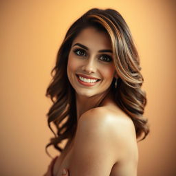 A beautiful 40-year-old woman, facing the camera with an expression of delightful surprise, her eyes sparkling with excitement