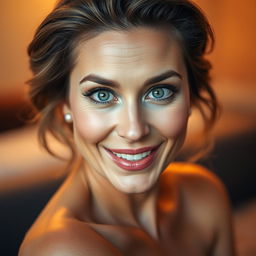 A beautiful 40-year-old woman, facing the camera with an expression of delightful surprise, her eyes sparkling with excitement