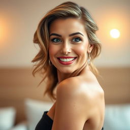 A beautiful 40-year-old woman, facing the camera with an expression of delightful surprise, her eyes sparkling with excitement