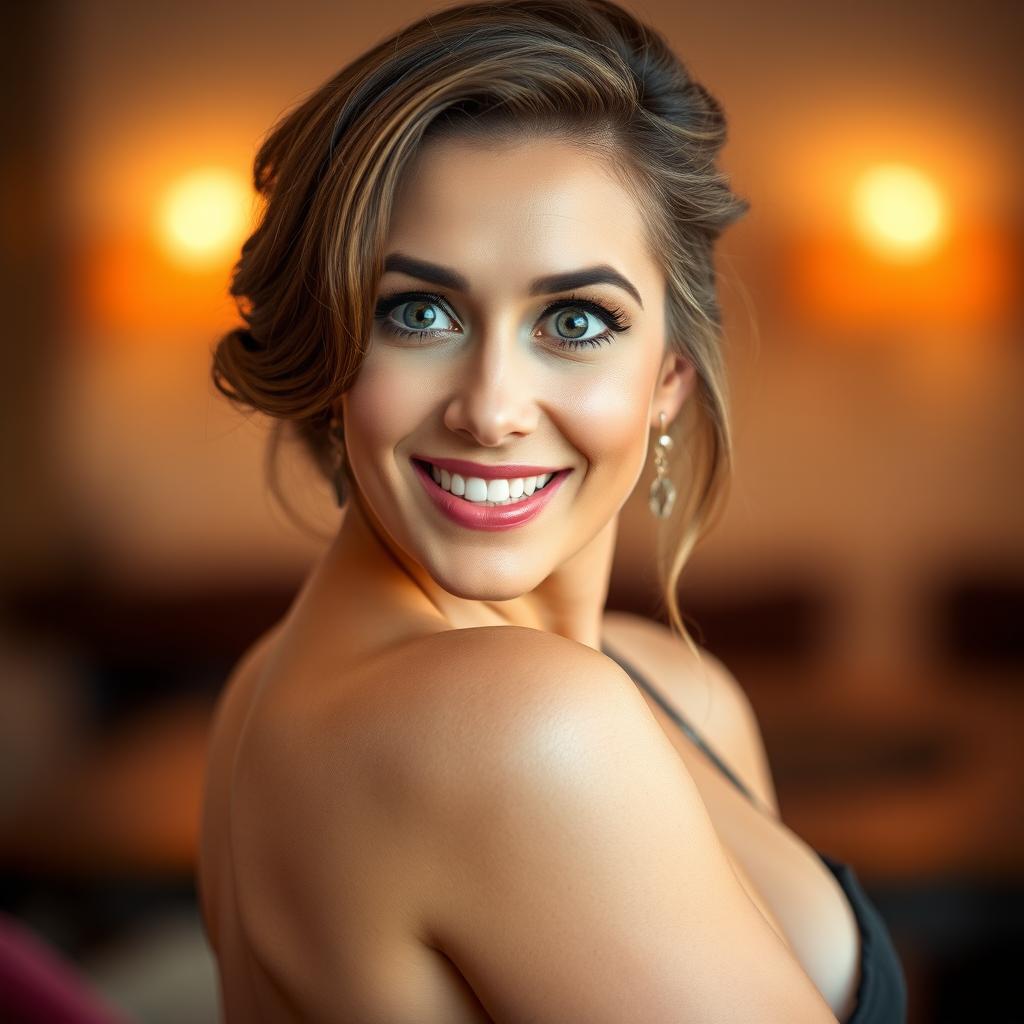 A beautiful 40-year-old woman, facing the camera with an expression of delightful surprise, her eyes sparkling with excitement