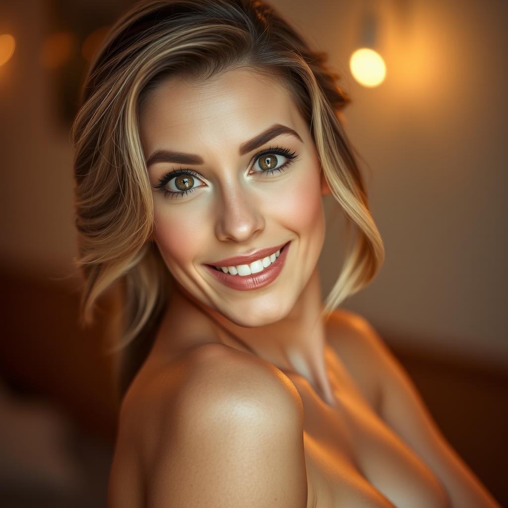 A stunning 40-year-old woman, facing the camera with an expression of delightful surprise on her face