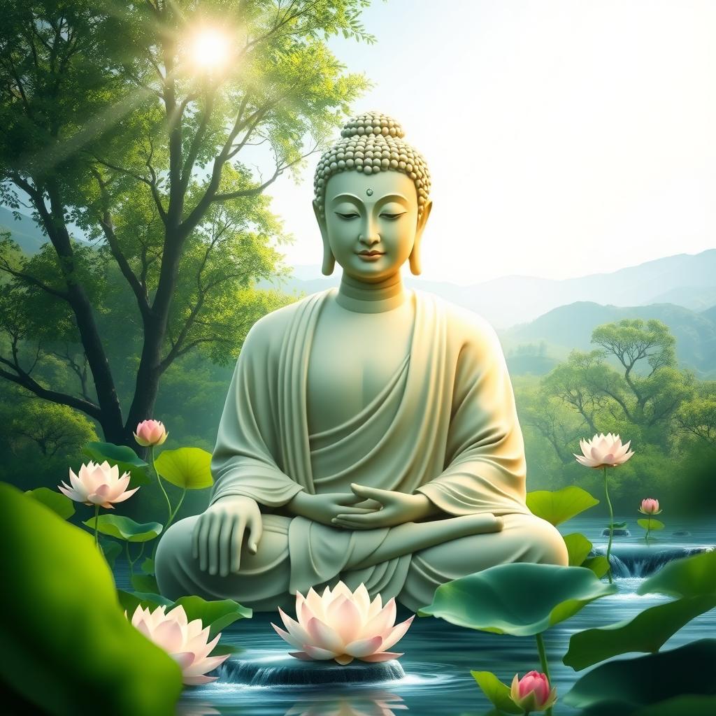 An artistic representation of Lord Buddha in a serene setting, surrounded by lush green landscapes and gentle flowing water, embodying peace and tranquility