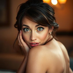 A stunning 40-year-old woman, facing the camera, with an enchanting expression of surprise on her face