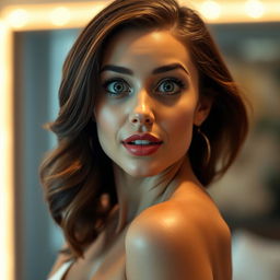 A stunning 40-year-old woman, facing the camera, with an enchanting expression of surprise on her face