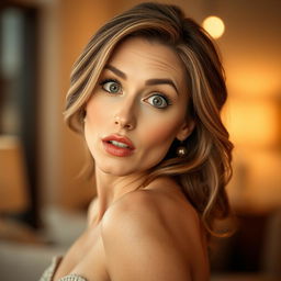 A stunning 40-year-old woman, facing the camera, with an enchanting expression of surprise on her face