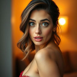 A stunning 40-year-old woman, facing the camera, with an enchanting expression of surprise on her face