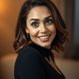 A gorgeous 40-year-old woman, facing the camera with a delightful look of surprise on her face