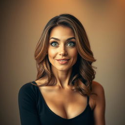 A gorgeous 40-year-old woman, facing the camera with a delightful look of surprise on her face