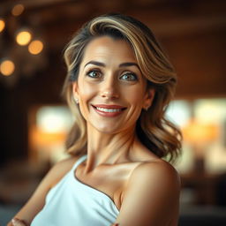 A gorgeous 40-year-old woman, facing the camera with a delightful look of surprise on her face