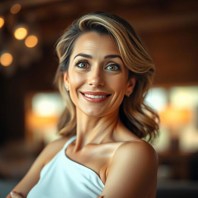 A gorgeous 40-year-old woman, facing the camera with a delightful look of surprise on her face
