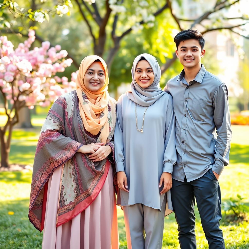 A warm and respectful scene featuring a 40-year-old mother wearing a colorful hijab, standing proudly next to her 20-year-old daughter, who also wears a stylish hijab