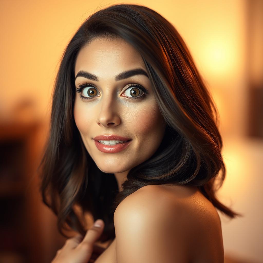 A beautiful 40-year-old woman, facing the camera with a look of genuine surprise on her face