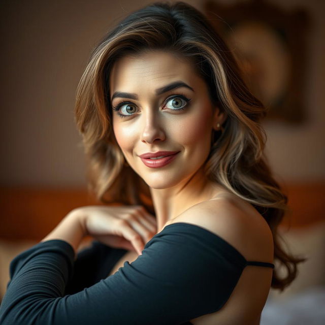 A beautiful 40-year-old woman, facing the camera with a look of genuine surprise on her face