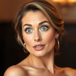 A beautiful 40-year-old woman, facing the camera with a look of genuine surprise on her face