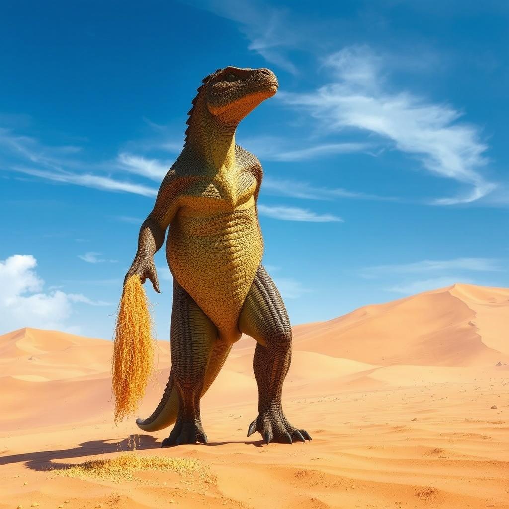 A tall, majestic thero, a mythical creature resembling a dinosaur, searching for water in a vast, arid desert