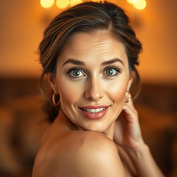 A beautiful 40-year-old woman, facing the camera with an expression of genuine surprise