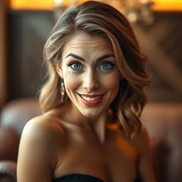 A beautiful 40-year-old woman, facing the camera with an expression of genuine surprise