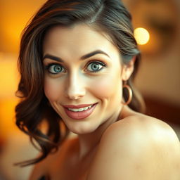 A beautiful 40-year-old woman, facing the camera with an expression of genuine surprise