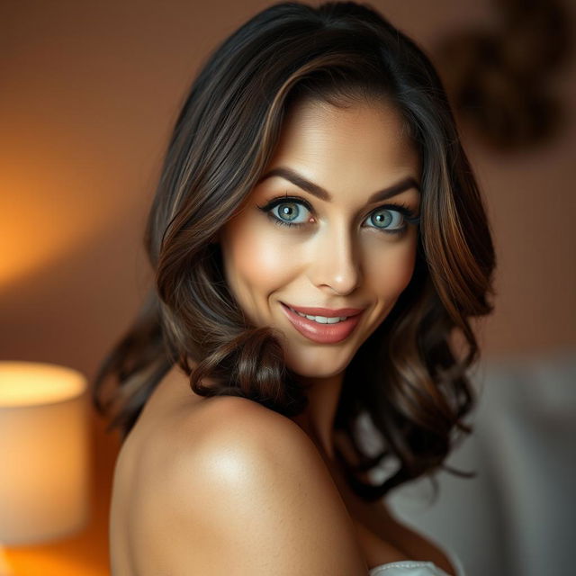 A beautiful 40-year-old woman, facing the camera with an expression of genuine surprise