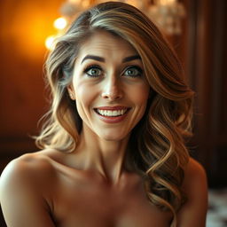 A stunning 40-year-old woman, directly facing the camera with an expression of surprised delight