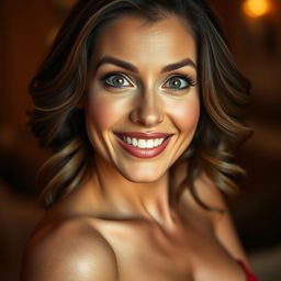 A stunning 40-year-old woman, directly facing the camera with an expression of surprised delight