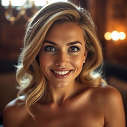 A stunning 40-year-old woman, directly facing the camera with an expression of surprised delight