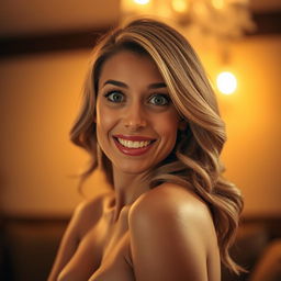 A stunning 40-year-old woman, directly facing the camera with an expression of surprised delight