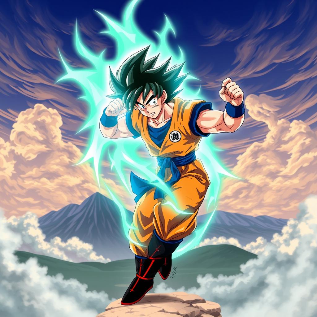 An epic scene depicting Goku from Dragon Ball Z in a dynamic fighting pose, surrounded by a vibrant energy aura