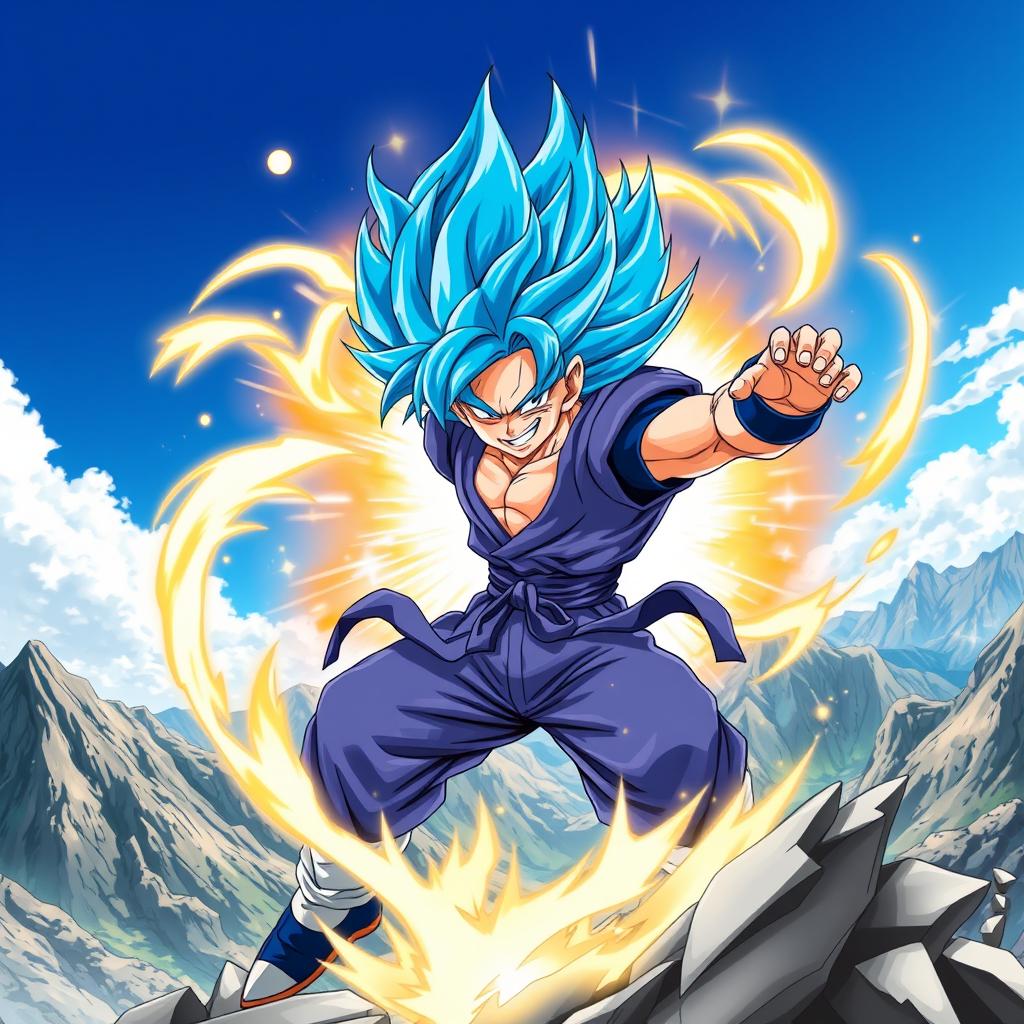 A dynamic and colorful depiction of a Dragon Ball-inspired character in Super Saiyan Blue form, showcasing vibrant blue hair and intense energy aura