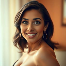 A stunning 40-year-old woman, directly facing the camera with a look of delightful surprise on her face