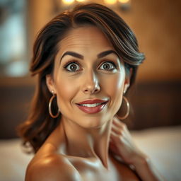 A stunning 40-year-old woman, directly facing the camera with a look of delightful surprise on her face