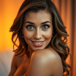 A stunning 40-year-old woman, directly facing the camera with a look of delightful surprise on her face