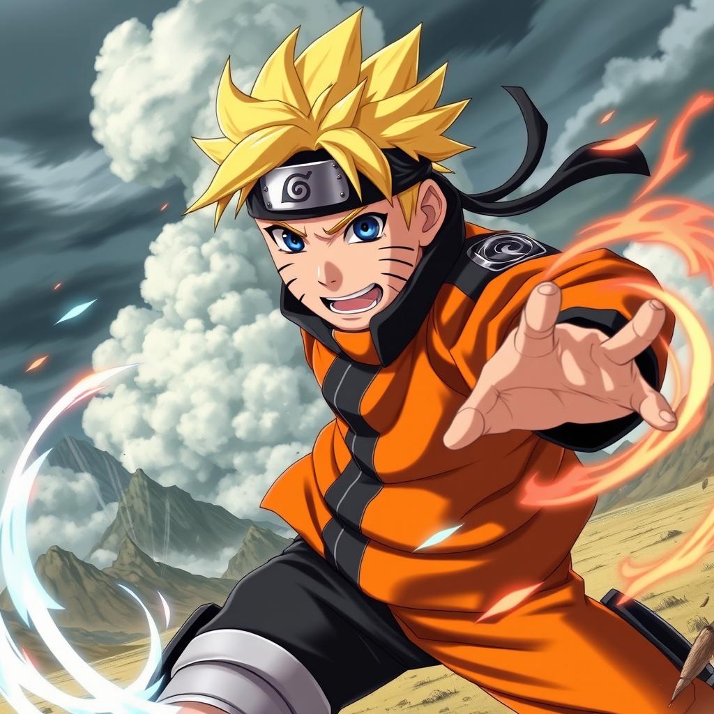 A dynamic and vibrant action scene featuring Naruto Uzumaki from Naruto Shippuden in his iconic orange and black ninja outfit, energetically performing a high-energy jutsu move