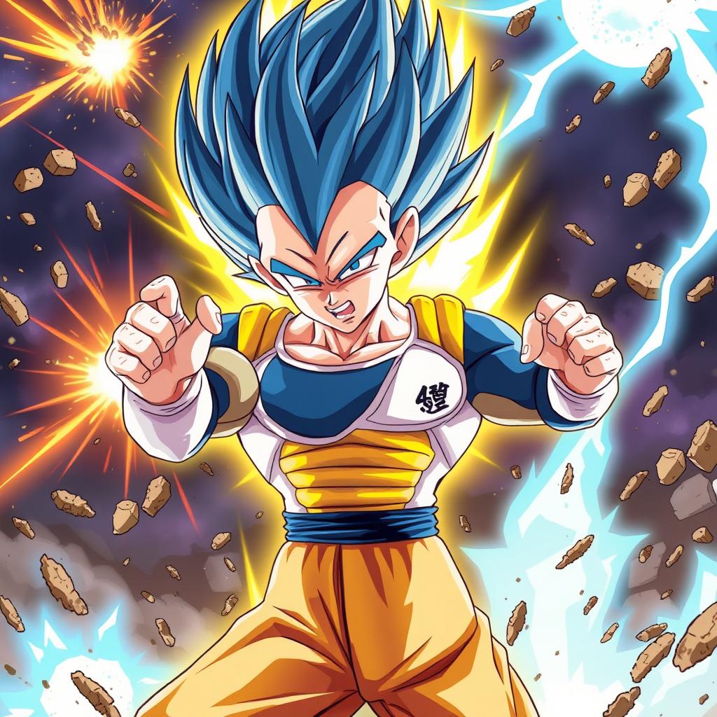 A dynamic illustration of Vegeta in his Super Saiyan form, showcasing his signature spiky blue-black hair glowing with an intense golden aura