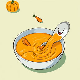 In a whimsical cartoon setting, a vibrant bowl of thick soup features little boats made of bright orange carrots floating across the surface