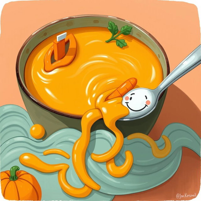 In a whimsical cartoon setting, a vibrant bowl of thick soup features little boats made of bright orange carrots floating across the surface