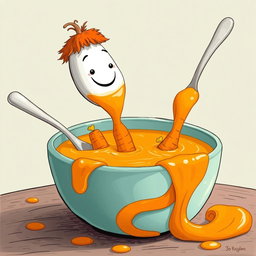 In a whimsical cartoon setting, a vibrant bowl of thick soup features little boats made of bright orange carrots floating across the surface